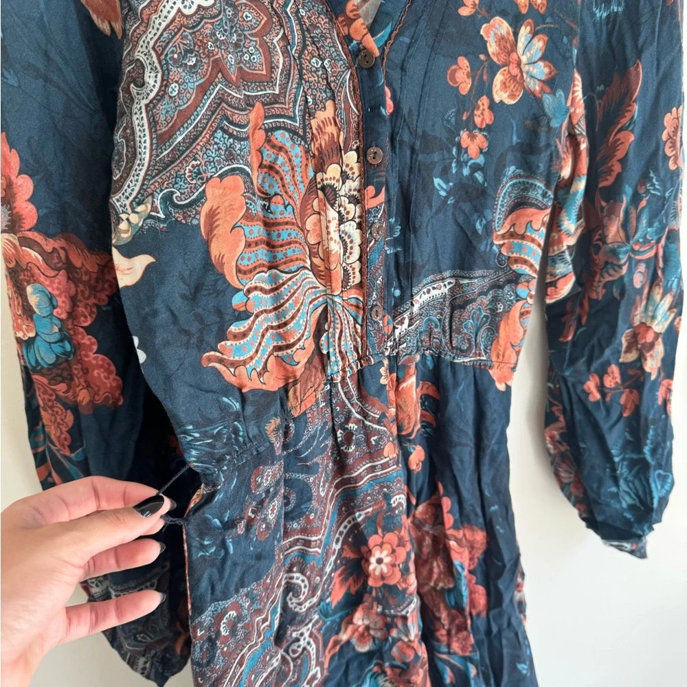 ZARA TRF Boho Floral Paisley Mini Dress Size Small Navy Multicolor - Picture 5 of 8